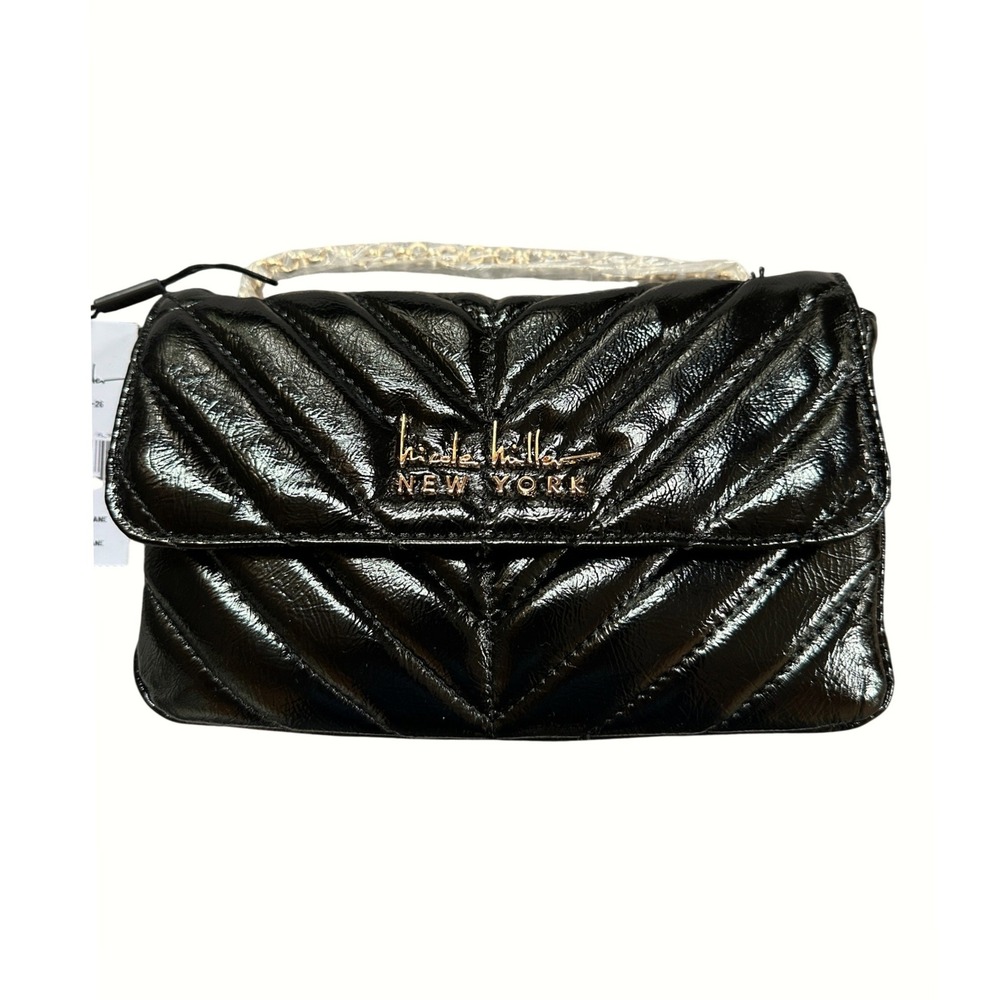 Nicole Miller New York Crossbody Bag OS Black Quilted Patent Evening Glam Luxe